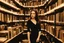 Placeholder: full-height shot of a woman in a tight black dress, inside a large magic book shop, shelving, lights, books, bottles, windows