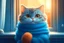 Placeholder: cute cat, fluffy, cheerful, large head, expressive eyes, smiling, cartoon, new year, warm colors, hyperrealism, warm knitted suit in warm blue, near the window, morning, winter, cozy living room