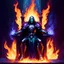 Placeholder: dark judge sitting on a flaming throne, purple-blue-green armor, darkness