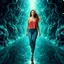 Placeholder: A full-body shot of a beautiful lady walking and looking at the camera 3D fractal interstellar world.