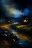 Placeholder: A melancholic and chaotic night landscape, oil painting