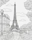 Placeholder: a coloring page, depicting the Eiffel tower in France, full page, black and white, line art, outline, highly defined, coloring book style