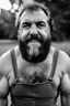 Placeholder: Close up photography, 35mm lens lens, a happy smiling muscular Sardinian shepherd burly chubby man 58 years old, lying down in the meadow near a little tree, ugly and dirty, bullneck, manly chest, in tank top and overalls, wild white beard, ambient occlusion, strong sunshine, emotive eyes, misery and poverty, side view