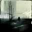 Placeholder: A abstract painting a by Justin Mortimer and Ashley Wood of a concrete decaying building in a Desolate mythical dark melancholy landscape with exposed wires. A lone figure wearing a adidas Parka