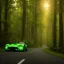 Placeholder: Single extremely detailed realistic sports car (Centered on image), moving on a detailed realistic road in dark woods, clear sky with visible planet, symetrical, HD, 4k, 8k, neon glow, Power colors