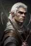 Placeholder: gray hair young medieval man with a longbow