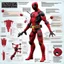 Placeholder: Plastic action figure of Deadpool technical schematic, pivot joint, rotational arrows, plastic action figure "how it works" engineering description, plastic textures