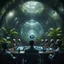 Placeholder: a video conference on video screen with multiple virgin aliens held by a scientist in dark lit reflective wet jungle metallic hall dome hotel tunnel, in the style of a fallout 4,bokeh like f/0.8, tilt-shift lens 8k, high detail, smooth render, down-light, unreal engine, prize winning