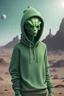 Placeholder: humanlike green alien wearing hoodie and beanie on planet