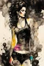 Placeholder: an abstract and serene ink wash and watercolor full body lithographic illustration of a tattooed goth girl with highly detailed hair and facial features , finely drawn and inked, 4k, hyper detailed and vibrantly colored in the comic art style of Bill Sienkiewicz and Frank Miller