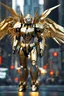 Placeholder: Android concept ,full body photo realistic, golden ratio, symmetric,warrior angel, straddle wings, mecha, transformer, metallic shiny armour , curcuits, leds, weapons on forearms, intricately detailed, ray tracing, octane render, walk on city street