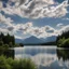 Placeholder: An image of a clear blue sky with fluffy white clouds, reflecting in the calm waters of a serene lake surrounded by lush green trees and mountains in the distance.