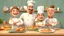 Placeholder: 3d illustration of a chef, a boss, a rider, a villager smile together at the kitchen