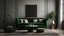 Placeholder: Black interior with green velour sofa, table, fur carpet and decor. 3d render illustration mock up.