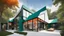 Placeholder: A vibrant single-family home stands out against a lush green backdrop. Its exterior is a playful patchwork of: Emerald green panels, Tangerine orange sections, Sky blue accents. Black steel beams form a striking geometric structure, framing large windows and creating an artistic, modern silhouette. Airy white fabric awnings gently billow in the breeze, softening the angular architecture. These airy elements provide shade over: A wide wooden deck. In the foreground, a natural-looking pond reflect