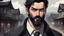 Placeholder: (masterpiece), best quality, expressive eyes, perfect face, Men, 38 years, 176 cm tall, Short black hair, black bearded beard, (masterpiece) draw, horror art style, dark horror style, serious face, investigator, in village and hotel background, draw, anime art style, detective