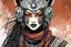 Placeholder: front facing portrait illustration of a gothpunk armored female kitsune vampire mercenary , beaded dreadlock hair, wearing an ancient ornate japanese kitsune mask , and shemagh, highly detailed with gritty post apocalyptic textures, caught in a cosmic maelstrom of swirling gases , finely detailed facial features and hair, in the graphic novel style of Bill Sienkiewicz, and Jean Giraud Moebius, ink wash and watercolor with realistic light and shadow