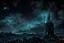 Placeholder: tower, going up, street light, nignt, space, island, city tower, dark, neon lights, high fantasy, cosmos, tower made from buildings, tower made of city, neon light, van gogh, gigantic, dark night, stars, one tower, medieval, big, many lights