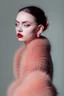 Placeholder: Minimalistic portrait of a beautiful woman with red lips and cold big eyes wearing earrings, a light pink fur coat in a haute couture style isolated on a dark background, cinematic lighting, ultra-realistic, shot in the style of hasselblad