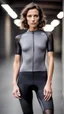 Placeholder: photography of a beautiful anorexic woman, grey satin triathlon top, brunette wavy bob haircut, pronounced sternum, flat chest, grey satin cycling leggins