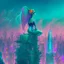 Placeholder: A mermaid perched atop a skyscraper, looking out at the towering neon buildings that jut out of the polluted, smog-filled horizon.