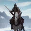 Placeholder: medieval knight traveling on a horse surrounded by mountains