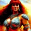 Placeholder: Drawing of beautiful face,'beautiful ,Busty Red Sonja',intense stare, ancient skintight armor, balanciaga fashion clothe painting by gaston bussiere, greg rutkowski, yoji shinkawa, yoshitaka amano, tsutomu nihei, donato giancola, tim hildebrandt, Oil on canvas, cinematic composition, extreme detail,fit full head inside picture,16k