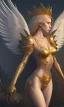 Placeholder: Female angel with beautiful perfect face big wings and golden crown floating above the ground in the dark enviroment, anatomically correct, michelangelo style, detailed, world of warcraft style, dark forest, trees, painting, brush strokes, 8k, dark forest in the background, dramatic camera view