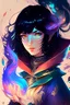 Placeholder: anime woman with black hair, mage, colorful