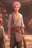 Placeholder: teenage of young man of average height and appears to have a slender build when wearing baggy clothing, has a lean and muscular physique. He also has relatively large light brown eyes and spiky pink hair that's styled in an undercut fashion running inside a mediaeval market, dressed in peasant clothing, digital art, 4k.