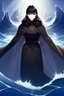 Placeholder: is a tall woman, with long black hair that cascades in waves down her back. She has deep black eyes. She wears black and black clothing, with long flowing capes and dresses.