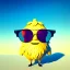 Placeholder: lemon character with an accomplished look on his face, wearing green sunglasses relaxing on the beach at sunset