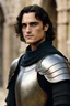 Placeholder: Joaquin Phoenix from year 2000, draped waves haircut, black hair, in medieval setting, in burnished medieval armor