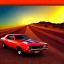 Placeholder: muscle car, desert road, sunset, full colour, realistic