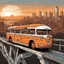 Placeholder: A futuristic line art orange bus gracefully traverses a bridge, overlooking a picturesque cityscape at sunset.