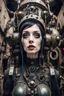 Placeholder: Closeup tall Girl goth with big eyes, ragged clothes, fullbody, dieselpunk, valves and old robots behind, the perspective looking up from the bottom of an empty well , 8k,macro photography,