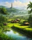 Placeholder: Beautiful Digital Painting art Indonesia village and islamic Mosque,surrounded rice paddy fields