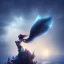 Placeholder: cinematic image of a mermaid in a plain night sea, bloom, darknight with a moon and big clouds, 8k, full details, glowing blue, foggy night, fine-detail, volumetric lighting, high-quality, illustration