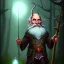 Placeholder: old evil Wizard standing in a dark magical forest at night, holding a staff with a gem in, Devil, Evil