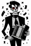 Placeholder: goth male necromancer with black hair playing a accordion in the style of charles addams