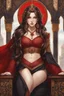 Placeholder: woman with long brown hair and red eyes, medieval concubine, anime style, highly detailed, intricate background, red and black clothes, Greg Rutkowski