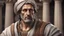 Placeholder: realistic Photo Tertullian in Athens, studying, discussing and reading from scrolls, hd, 4k, handsome, detailed face, cross necklace, make him look very mutch like Tertullian, detailed eyes