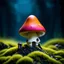 Placeholder: "Close up of a wonderful tiny Mushroom Tower home. Orange and red with bright white, deep black and contrasting tones of gray magenta and violet colors. Illuminated bioluminescent forest. Professional painter, master at composition. small but detailed. broken, blurred background, voluminous lighting"