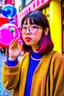 Placeholder: cool girl blowing bubbles on streets of tokyo in the style of hiroku ogai