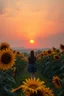 Placeholder: At sunset turn this into a beautiful sunflower scenery, magical, painting quality 8K , a woman standing in the middle watching the sunset