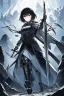 Placeholder: Anime girl with short black hair and sharp green eyes holding a spear, full body black and white metal plate armour, full body shot, Dramatic lighting,1woman, soaked in blood, Warrior, standing pose