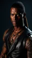 Placeholder: portrait of a 35 year old Handsome muscular male with dark bronze skin adorned with tattoos. His long light brown hair is tied back in a pony tail. He's wearing a leather vest and has a dagger which hangs from his belt. Dark fantasy. Hyperrealistic