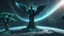 Placeholder: few tiberium monolith deposits on the planet with a space trees on the left and right side, matrix codes and the back ground of the angels with wings siting monolith made of tiberium crystals