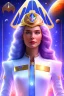 Placeholder: cosmic young woman admiral from the future, one fine whole face, large cosmic forehead, crystalline skin, expressive blue eyes, blue hair, smiling lips, very nice smile, costume pleiadian, rainbow ufo, Beautiful tall woman pleiadian Galactic commander, ship, perfect datailed golden galactic suit, high rank, long blond hair