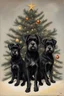 Placeholder: make a picture of three black schnauzers. All of the dogs are black. Behind all of the 3 dogs it is a Christmas tree. Two of the dogs have wings by Salvador Dali